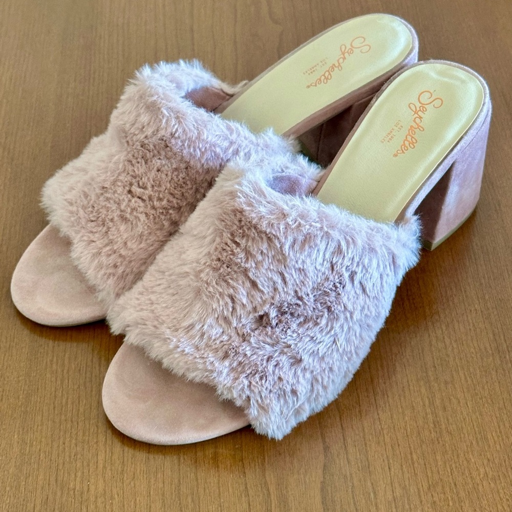 Seychelles Pink Lilac Suede Faux Fur Women's Heel Mules